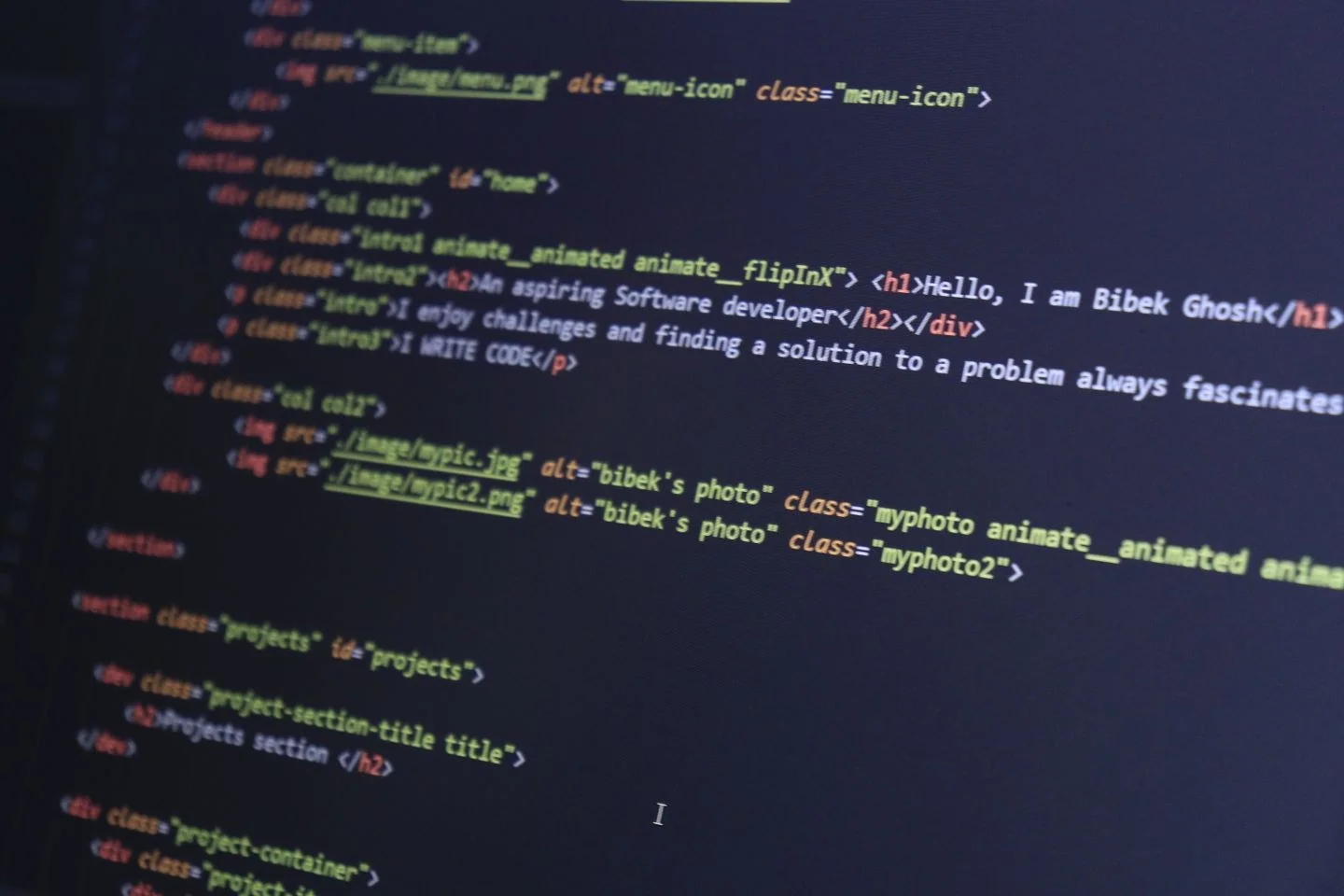 Colorful HTML code displayed on a computer screen for programming projects.