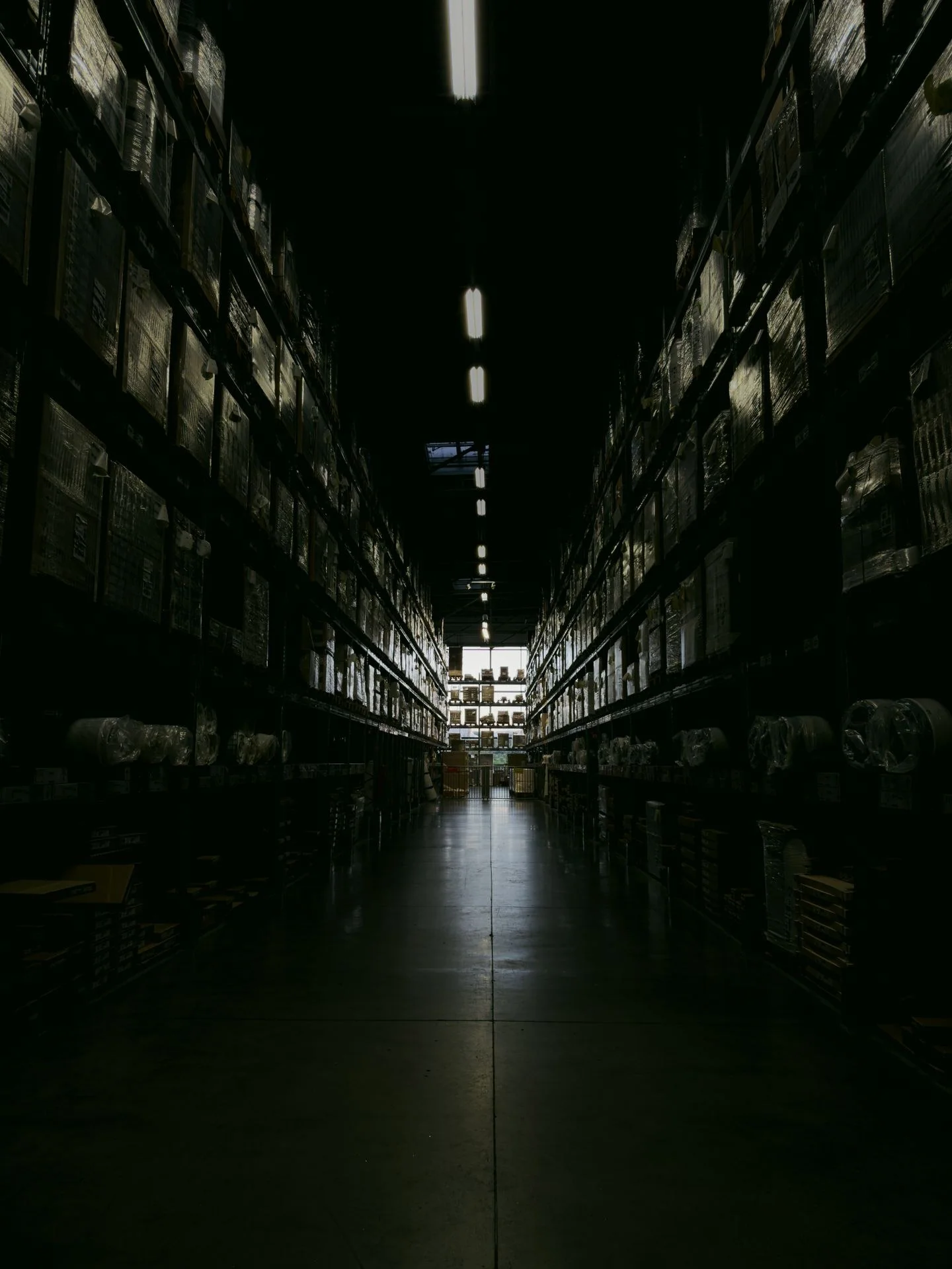 A dark, narrow warehouse aisle with shelves filled with boxes and goods, illuminated by overhead lights.
