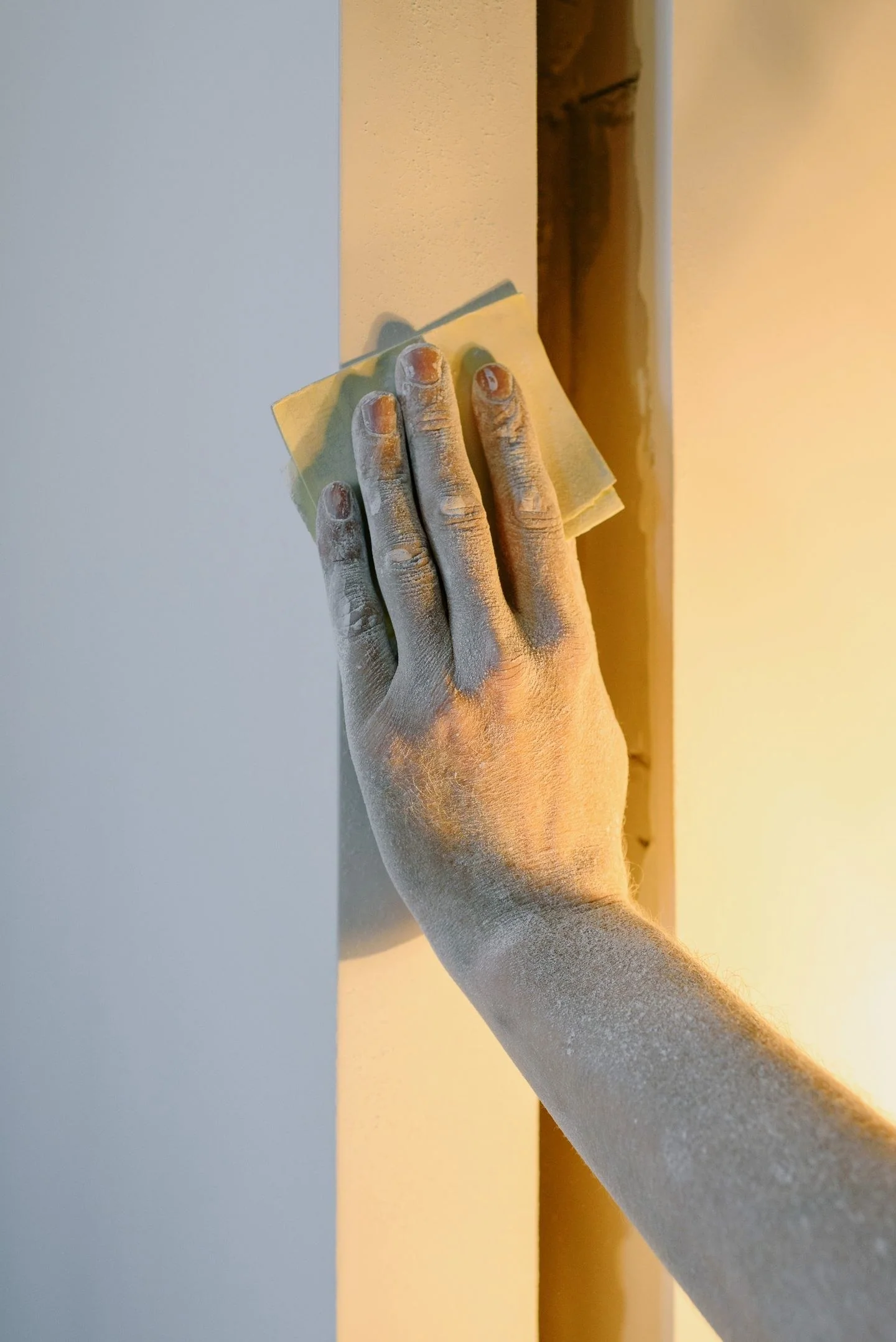Crop anonymous person with dirty hand smoothening apartment walls with sandpaper while redecorating room and preparing for painting