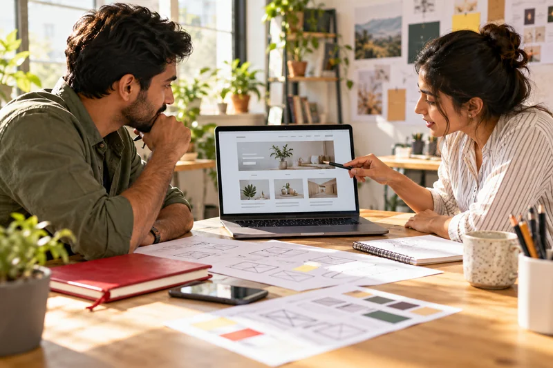 Business owner and designer planning a website with a laptop and paper wireframes