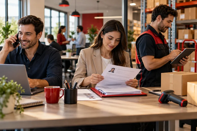 Connected sales, HR and inventory workstations in an office