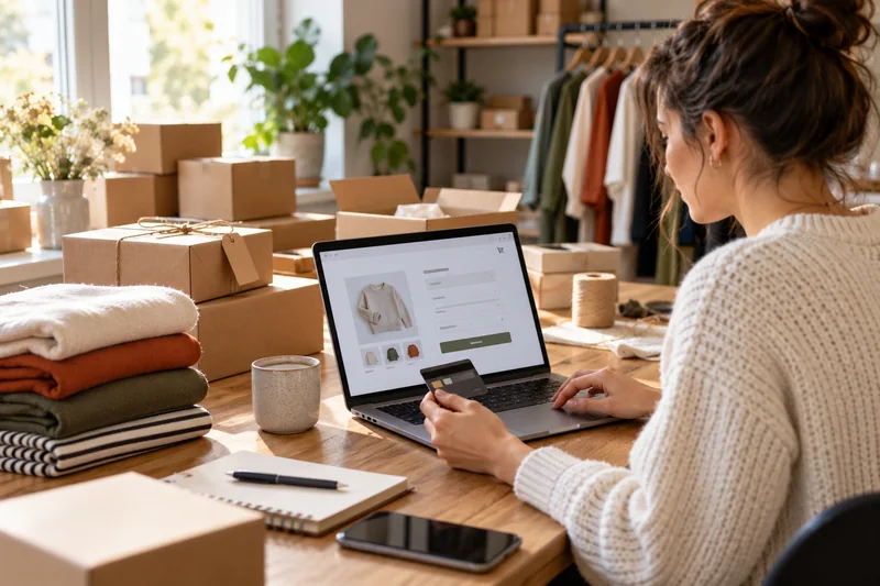 Online shop owner reviewing checkout beside packed customer orders
