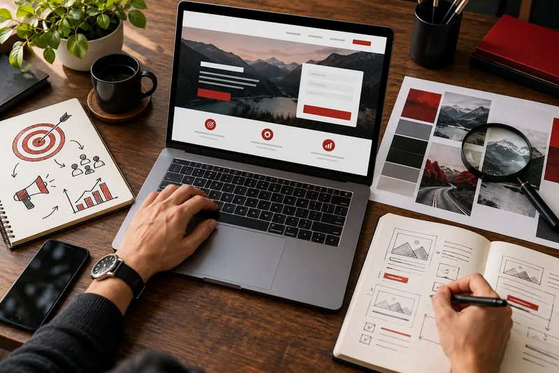 Marketing workspace connecting an advert concept with a landing page