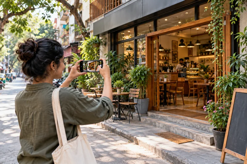 Cafe owner photographing the storefront for a business profile