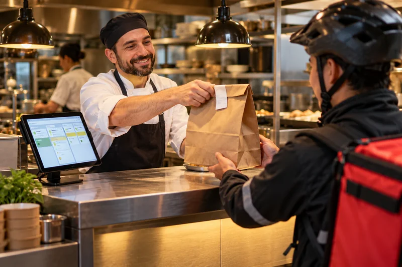 Restaurant worker handing a sealed delivery order to a rider